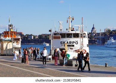 Stockholm, Sweden - July 31, 2020: The archipelago public passenger boat Skarpp in the traffic for the Waxholmsbolaget has called terminus at Blasieholmen.