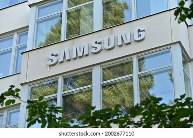 Stockholm, Sweden - July 4, 2021: A Wall Sign For South Korean Consumer Electronics Manufacturer Samsung On An Office Building In Stockholm, Sweden.