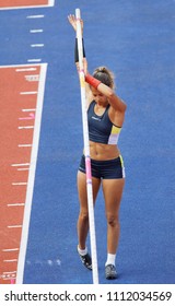 STOCKHOLM, SWEDEN - JUN 10, 2018: Angelica Bengtsson Preparing In The Pole Vault Competition In IAAF Diamond League, June 10, 2018 In Stockholm, Sweden