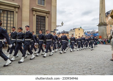 STOCKHOLM, SWEDEN - JUNE 14: Royal Swedish Army Band Performing To Celebrate The Birthday Of Victoria, Crown Princess Of Sweden, On June 14, 2014 In Stockholm.