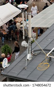 Stockholm, Sweden - June 19, 2010: A Cell Phone Tower Close To The Ground Of The Roof Of A Restaurant In Sweden. Used To Illustrate The Fear Of Radio Waves In The Upcoming 5g Rollout.