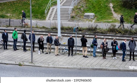 STOCKHOLM, SWEDEN June 3, 2018 Commuters waiting in line for the bus