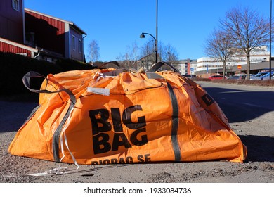 Stockholm, Sweden. March 07, 2021. One Orange Big Bag. For Recycling Building Material. At A Urban Swedish Area.