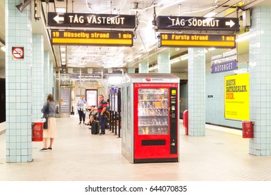 STOCKHOLM, SWEDEN - MARCH 10, 2017. Stockholm Underground Metro Station Hotorget (Hötorget, Hay Market) - One Of The Most Beautiful Metro Station, Opened In 1952, Authentic Interior. Green Line