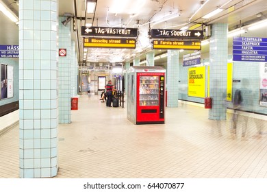 STOCKHOLM, SWEDEN - MARCH 10, 2017. Stockholm Underground Metro Station Hotorget (Hötorget, Hay Market) - One Of The Most Beautiful Metro Station, Opened In 1952, Authentic Interior. Green Line