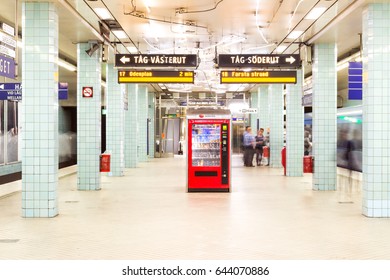 STOCKHOLM, SWEDEN - MARCH 10, 2017. Stockholm Underground Metro Station Hotorget (Hötorget, Hay Market) - One Of The Most Beautiful Metro Station, Opened In 1952, Authentic Interior. Green Line