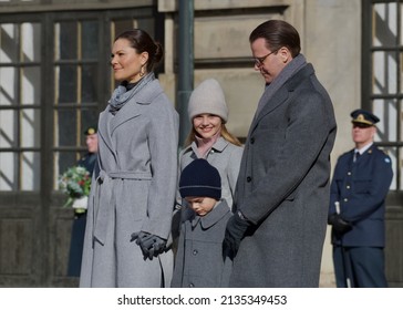 STOCKHOLM, SWEDEN - MARCH 12, 2022: Crown Princess Victoria With Family Celebrating Her Name Day At The Royal Palace. 