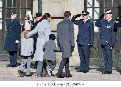 STOCKHOLM, SWEDEN - MARCH 12, 2022: Crown Princess Victoria With Family Celebrating Her Name Day At The Royal Palace. 