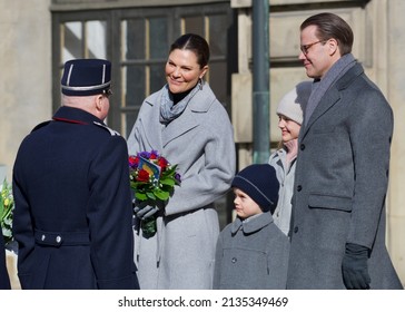 STOCKHOLM, SWEDEN - MARCH 12, 2022: Crown Princess Victoria With Family Celebrating Her Name Day At The Royal Palace. 