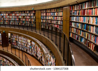 STOCKHOLM, SWEDEN, MARCH 21, 2019: Interior of the famous public library stadsbiblioteket in Stockholm, architect Gunnar Asplund.