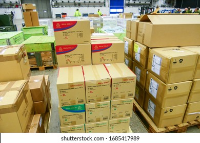 Stockholm, Sweden March 27, 2020 The Stockholm Fair Grounds Are Being Turned Into A Temporary External Hospital To Handle Covid 19 Cases. Here A Warehouse Full Of Medical Supplies Getting Unpacked By 