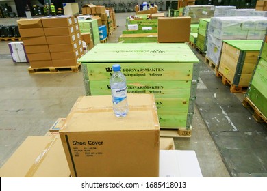 Stockholm, Sweden March 27, 2020 The Stockholm Fair Grounds Are Being Turned Into A Temporary External Hospital To Handle Covid 19 Cases. Here A Warehouse Full Of Medical Supplies Getting Unpacked By 