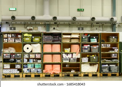 Stockholm, Sweden March 27, 2020 The Stockholm Fair Grounds Are Being Turned Into A Temporary External Hospital To Handle Covid 19 Cases. Here A Warehouse Full Of Medical Supplies Getting Unpacked By 