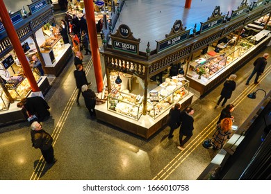 Stockholm, Sweden March 7, 2020 The Interior Of The Newly Renovated Östermalm Saluhall Food Market.