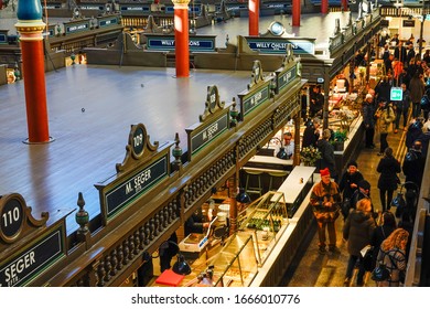 Stockholm, Sweden March 7, 2020 The Interior Of The Newly Renovated Östermalm Saluhall Food Market.