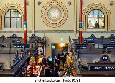 Stockholm, Sweden March 7, 2020 The Interior Of The Newly Renovated Östermalm Saluhall Food Market.