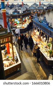 Stockholm, Sweden March 7, 2020 The Interior Of The Newly Renovated Östermalm Saluhall Food Market.