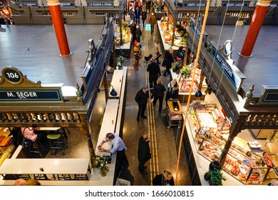 Stockholm, Sweden March 7, 2020 The Interior Of The Newly Renovated Östermalm Saluhall Food Market.