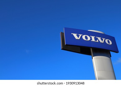 Stockholm, Sweden. Mars 06, 2021. Volvo brand logo on bright blue sky background. The sign is located in Haga Norra, Solna.