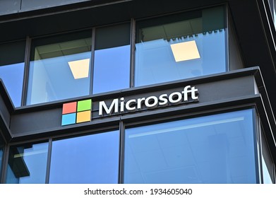 Stockholm, Sweden - Mars 8, 2021: A wall sign for the American software company Microsoft on an office building in Stockholm, Sweden.