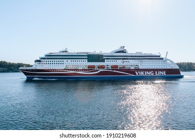 Stockholm, Sweden - May 1, 2019 : Baltic Sea landscape, cruise liner of regular spring cruise between Tallinn and Stockholm. Local tourism concept, spring nature. Selective focus