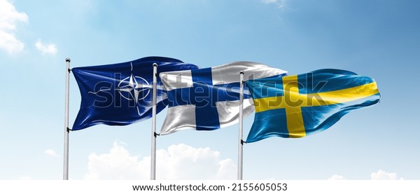 Stockholm Sweden - May 12, 2022. Flags of Sweden,\
Finland and NATO.