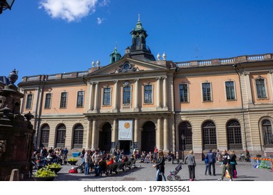 Stockholm, Sweden - May 2021: Facade Of The Nobel Prize Museum In Stockholm