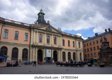 Stockholm, Sweden - May 2021: Facade Of The Nobel Prize Museum In Stockholm