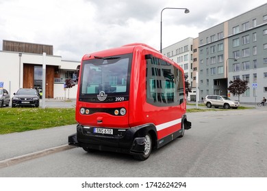 Stockholm, Sweden May 27, 2020 A Self Driving Bus In Barkabystaden, A New Urban Development.