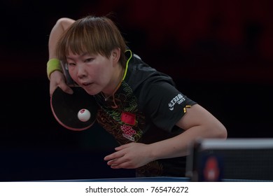 STOCKHOLM, SWEDEN - NOV 18, 2017:  Zhu Yuling (Cina) Against Miyu Kato (Japan), Quarterfinals, Zhu Won