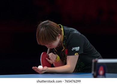 STOCKHOLM, SWEDEN - NOV 18, 2017:  Zhu Yuling (Cina) Against Miyu Kato (Japan), Quarterfinals, Zhu Won