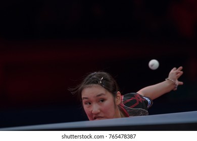 STOCKHOLM, SWEDEN - NOV 18, 2017:  Zhu Yuling (Cina) Against Miyu Kato (Japan), Quarterfinals, Zhu Won