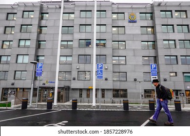 Stockholm, Sweden Nov 19, 2020 A Man Walks By The  Reinforced Police Headquarters Building In This Primarily Somali And Immigrant Suburb.