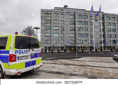 Stockholm, Sweden Nov 19, 2020 A Police Van Parked Outside The  Reinforced Police Headquarters Building In This Primarily Somali And Immigrant Suburb.