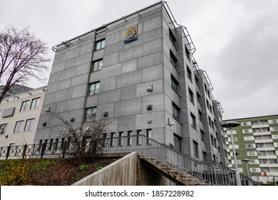 Stockholm, Sweden Nov 19, 2020 The Reinforced Police Headquarters Building In This Primarily Somali And Immigrant Suburb.