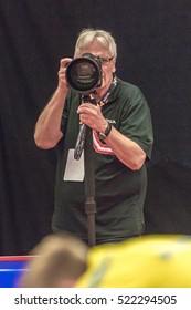 STOCKHOLM, SWEDEN - NOV 20, 2016: Pro Photographer At The Table Tennis Tournament SOC At The Arena Eriksdalshallen In Stockholm.