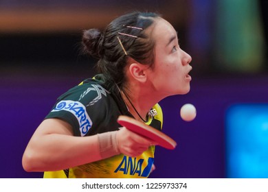STOCKHOLM, SWEDEN - NOV 4, 2018: Woman finals between the winner Mima Ito (JPN ) vs Yuling Zhu (CHI) at  the table tennis tournament SOC at the arena Eriksdalshallen in Stockholm. Mima Ito the winner