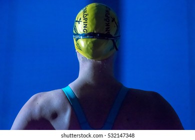 STOCKHOLM, SWEDEN - NOV 8, 2016: Female Swimmer From Behind Before The Race At The National Swedish Swim Competition At Eriksdalsbadet.