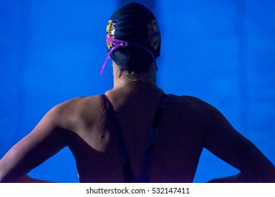 STOCKHOLM, SWEDEN - NOV 8, 2016: Female Swimmer From Behind Before The Race At The National Swedish Swim Competition At Eriksdalsbadet.