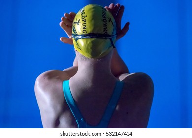 STOCKHOLM, SWEDEN - NOV 8, 2016: Female Swimmer From Behind Before The Race At The National Swedish Swim Competition At Eriksdalsbadet.