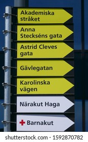 Stockholm, Sweden  Oct 2, 2019 Signs At The  Karolinksa Universitetssjukhuset, Or The Karolinska University Hospital.