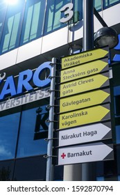 Stockholm, Sweden  Oct 2, 2019 Signs At The  Karolinksa Universitetssjukhuset, Or The Karolinska University Hospital.