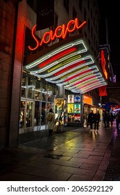 Stockholm, Sweden Oct 28, 2021 The Saga Movie Theatre At Night On Kungsgatan