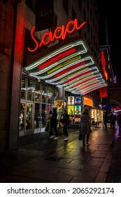 Stockholm, Sweden Oct 28, 2021 The Saga Movie Theatre At Night On Kungsgatan