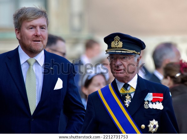 STOCKHOLM, SWEDEN - OCTOBER\
11, 2022: State visit from Netherlands. King Willem-Alexander and\
Queen Maxima participates in the welcome ceremoni at the Royal\
Palace.
