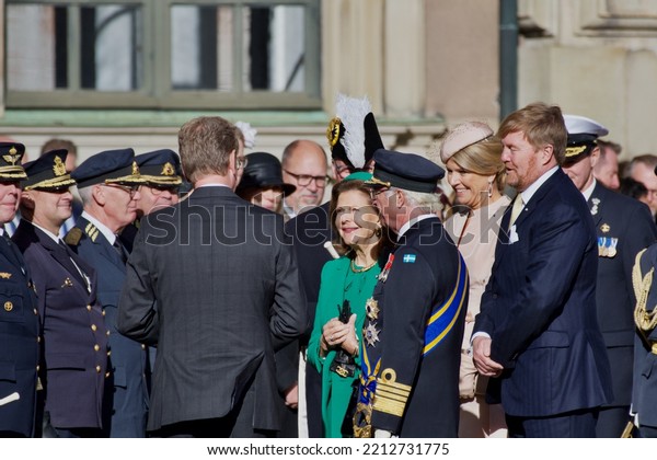 STOCKHOLM, SWEDEN - OCTOBER\
11, 2022: State visit from Netherlands. King Willem-Alexander and\
Queen Maxima participates in the welcome ceremoni at the Royal\
Palace.