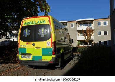 Stockholm, Sweden. October 17, 2021. Swedish Ambulance Car A Sunny Day Outside. Buildings In The Background. Focus Of The Rear Or Backside Of The Emergency Vehicle. Mercedes Brand Or Logo.