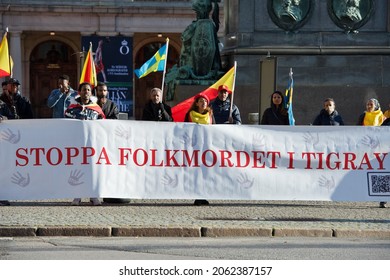 STOCKHOLM, SWEDEN - OCTOBER 22, 2021: Protesters Demonstrating Against The Conflict In Tigray Etiopia.