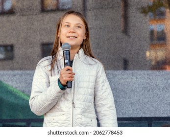 STOCKHOLM, SWEDEN - OCTOBER 22, 2021: 18-year-old Swedish climate activist Greta Thunberg demonstrating in Stockholm on Fridays.