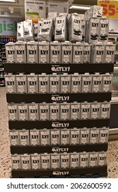 Stockholm, Sweden - October 23, 2021: Cartons Of Oat Based Milk Substitute From The Swedish Company Oatly On Display In A Grocery Store In Stockholm, Sweden.